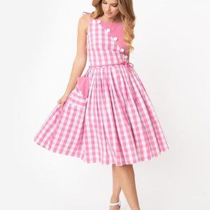 Unique Vintage Pink Gingham Midi Dress